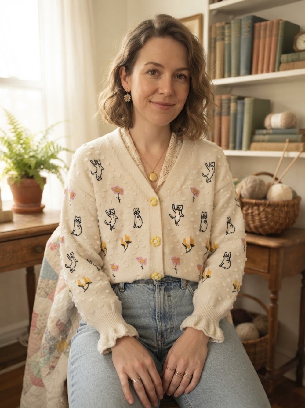 Grandmacore Cottagecore Cream Bobble Knit Embroidered Cat Floral Cardigan